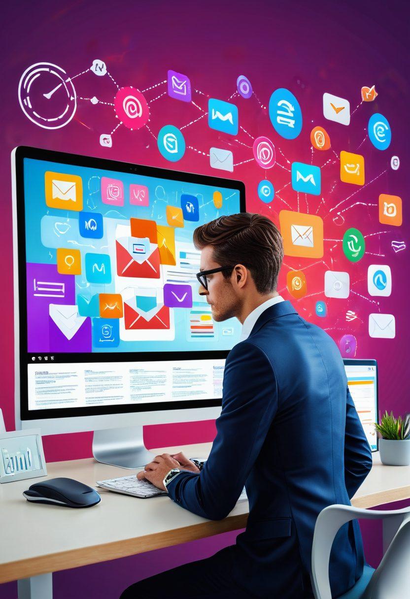 A dynamic scene of a business professional at a desk surrounded by floating icons of email, targeted analytics, and automated workflows. A vibrant dashboard screen showcases a successful email marketing campaign. Super-realistic. Vibrant colors. 3D.