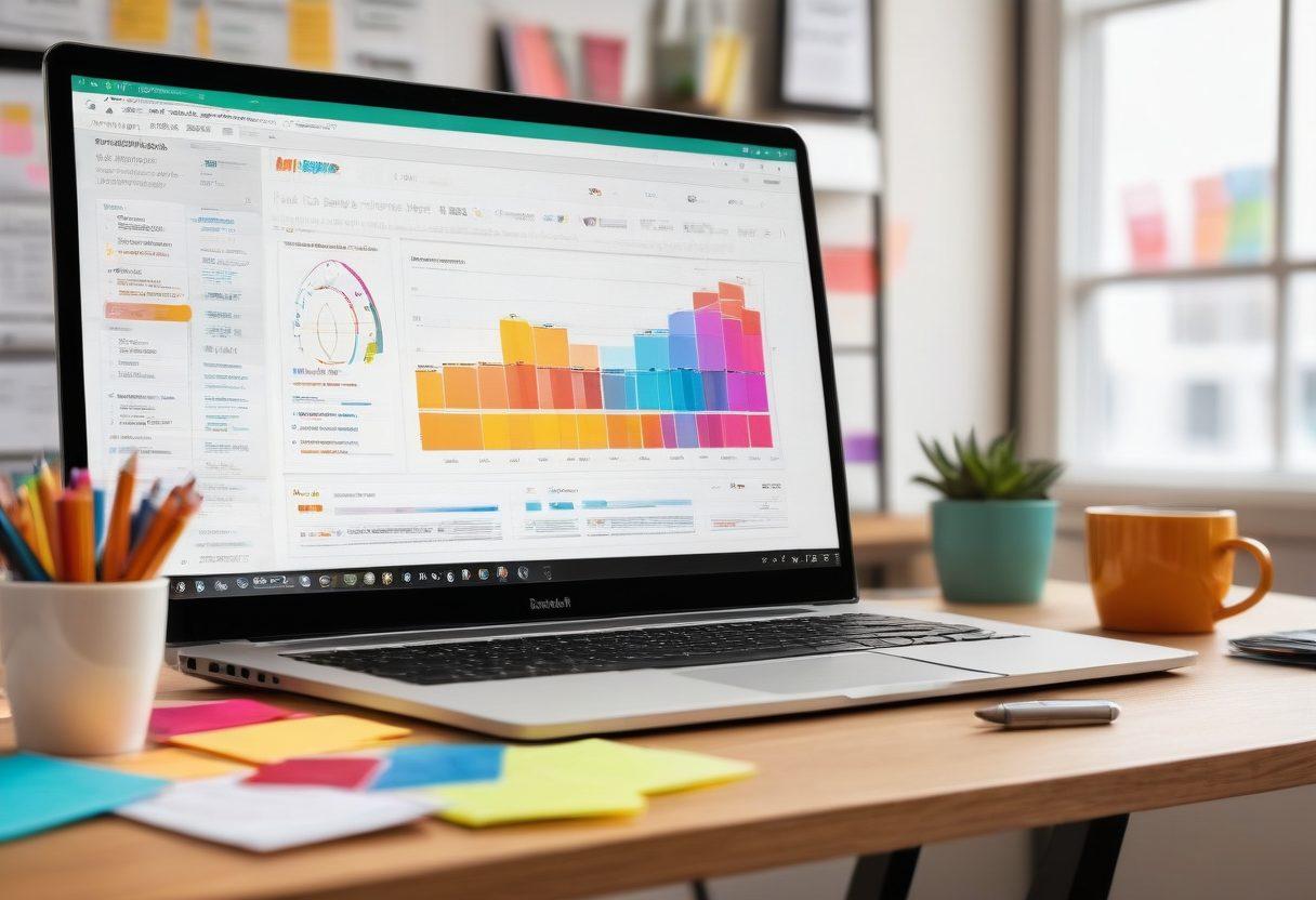 A dynamic and vibrant office scene showcasing a laptop screen filled with a captivating email newsletter layout, surrounded by colorful graphs indicating high engagement and conversion rates. On the desk, there are coffee cups, sticky notes, and a few scattered pens, giving a sense of creativity and productivity. In the background, professionals are discussing ideas while pointing at a whiteboard full of marketing strategies. super-realistic. vibrant colors. office setting.