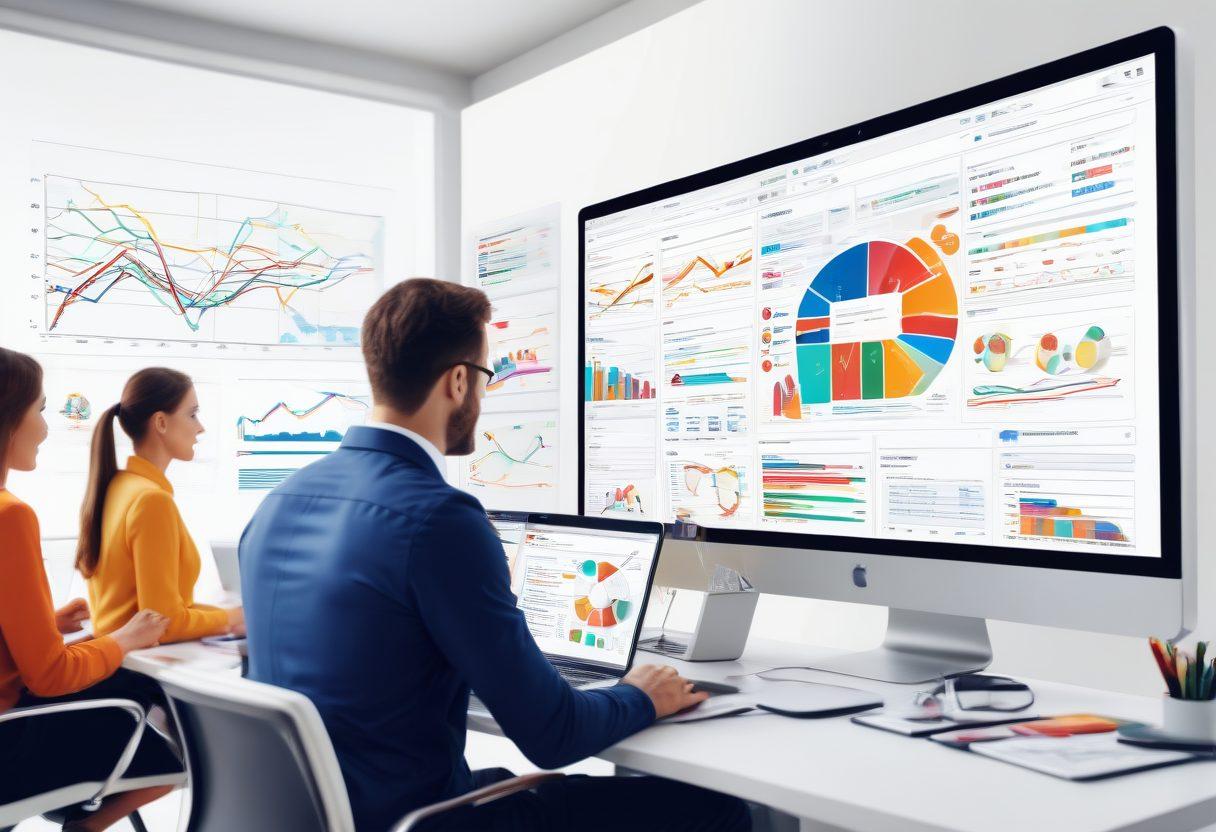 A dynamic office setting showcasing a diverse team brainstorming with large screens displaying email campaign analytics, automation workflows, and graphs illustrating business growth. Central figure working on a laptop, sending out a successful campaign. Bright, modern colors with icons of emails and automation tools floating around. super-realistic. vibrant colors. white background.